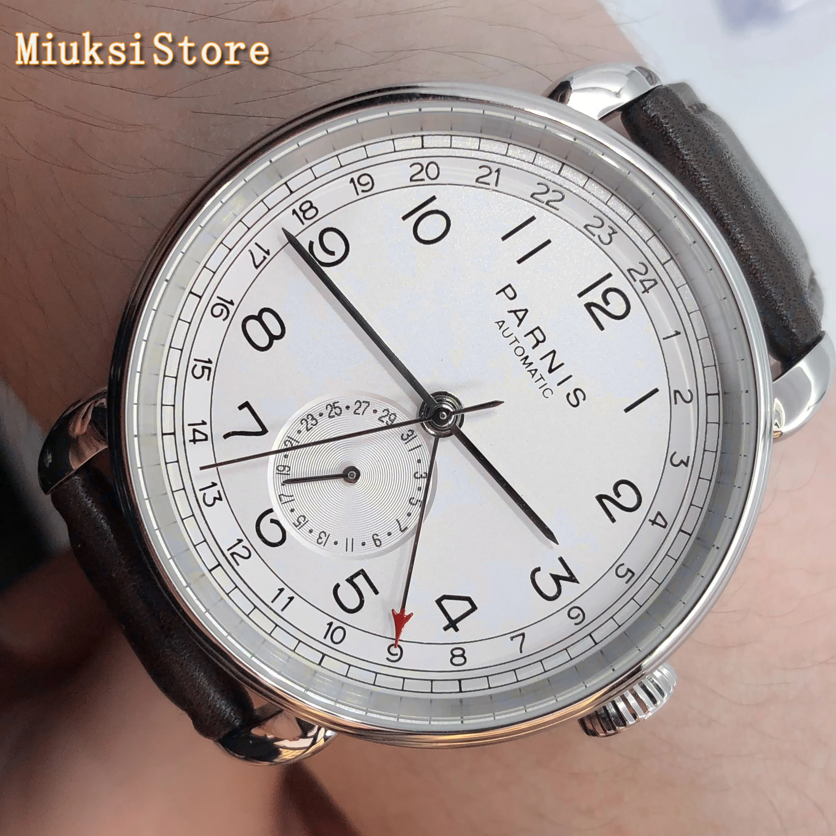 Parnis Top mens automatic mechanical watch 42mm silver case GMT arab mark date window leather mens watches