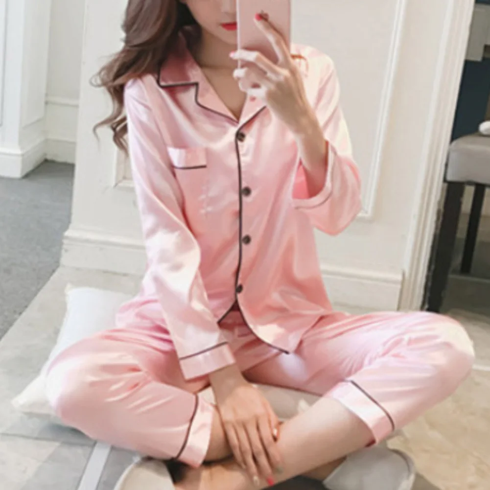 2Pcs Autumn Pajamas Set Women Solid Color Imitation Silk Homewear Long Sleeve Shirt Pants Nightwear Sleepwear Women Pajamas Set