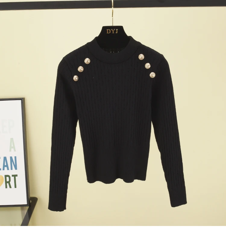 Full Sleeve O-neck High Quality Sweater Shirts With Decorated Buttons Girls Stretchy Crop Tops Autumn Sweaters Pullovers Women