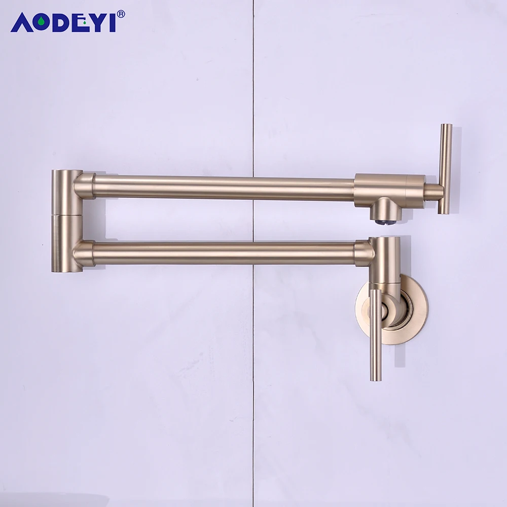 Pot Filler Tap Wall Mounted Foldable Kitchen Faucet Single Cold Single Hole Sink Taps Rotate Folding Spout Brushed Gold SUS304