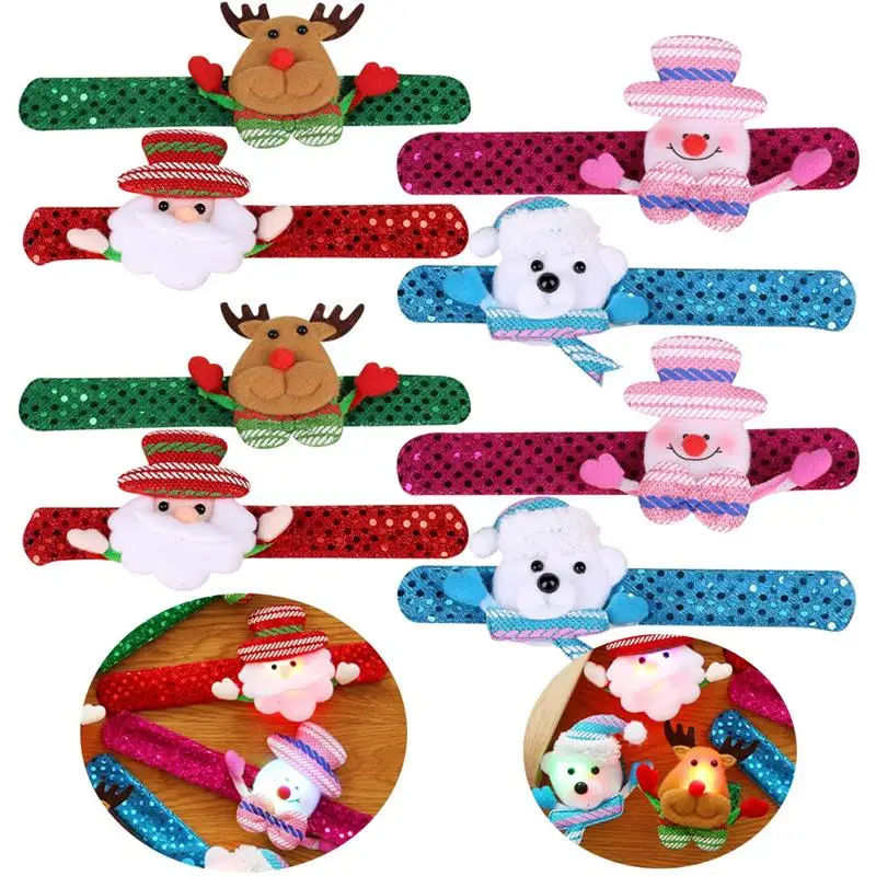 8pcs Kid Children Girl Boy Christmas Cartoon Light Up Wristband Flexible Wrap Slap Bracelet Elk Santa Claus Snowman Bangle