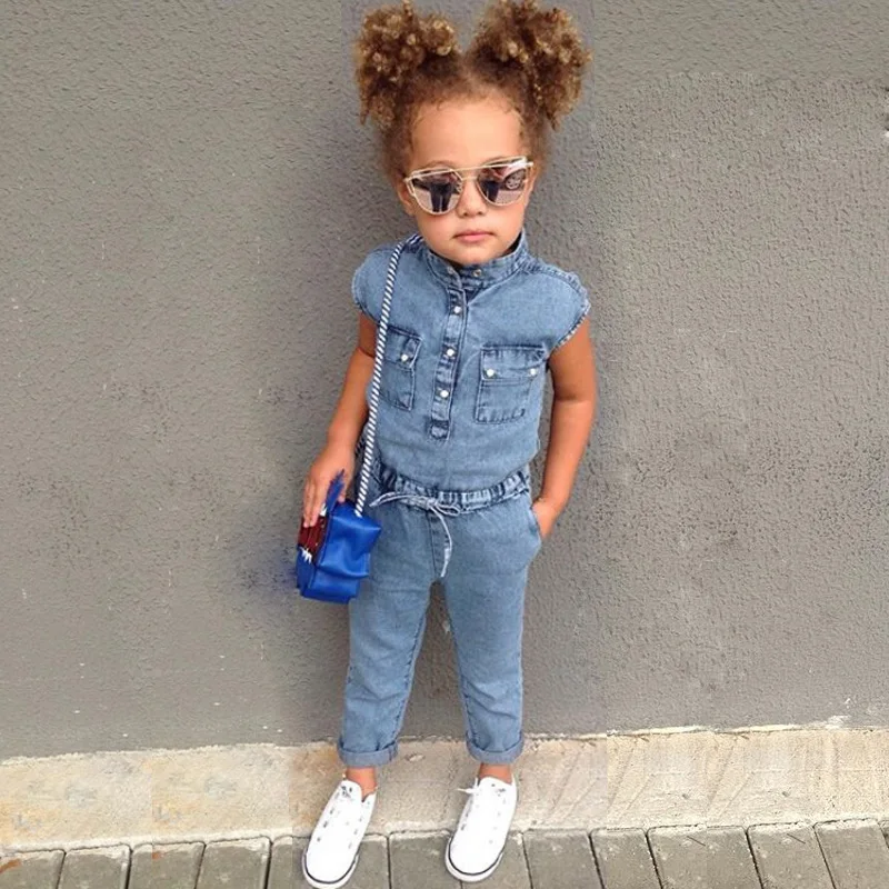 2-8year old girl clothes summer sleeveless jumpsuit fashion solid color wash water high quality denim sports children's clothing