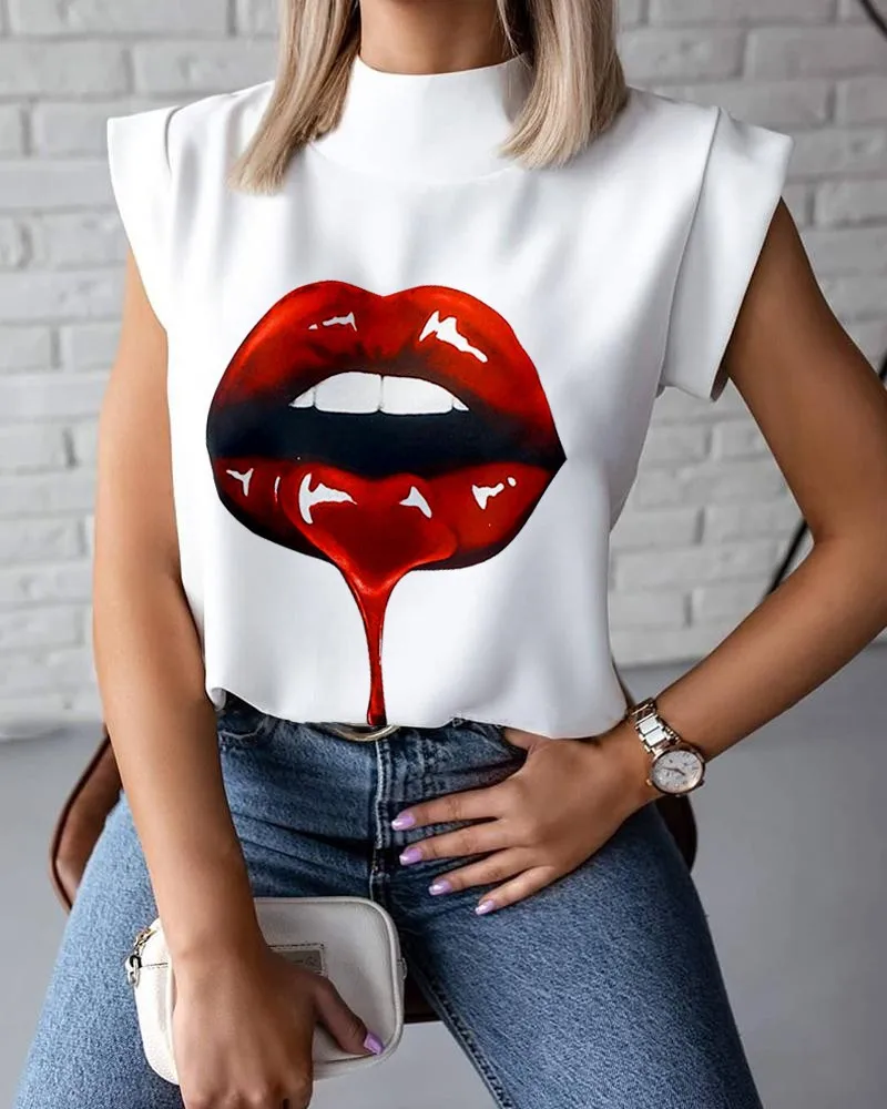 

hirigin New Fashion Women White Tops Summer Short Sleeve Stand Collar T-shirt Casual Red Lips Print Pullover Tees Plus Size