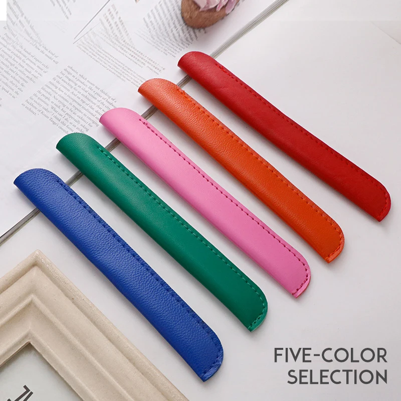 Business Portable Pen Case Creative Personality Gel Pen Protective Cover Simple Solid Color Leather Pen Pencil Case Stationery