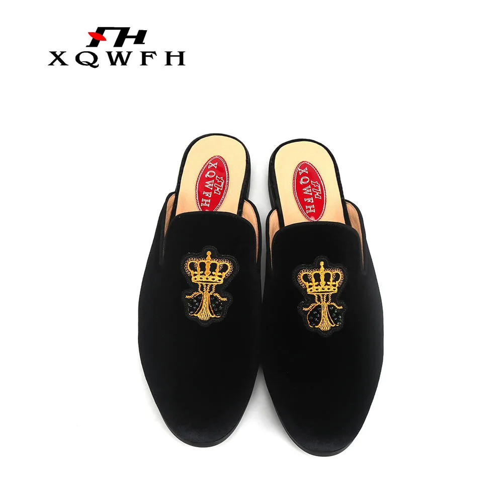 Red Large Size Embroidery Crown Men Velvet Slippers Designs Fashion Show Men\'s Casual Shoes Slides European Elegant Sandals