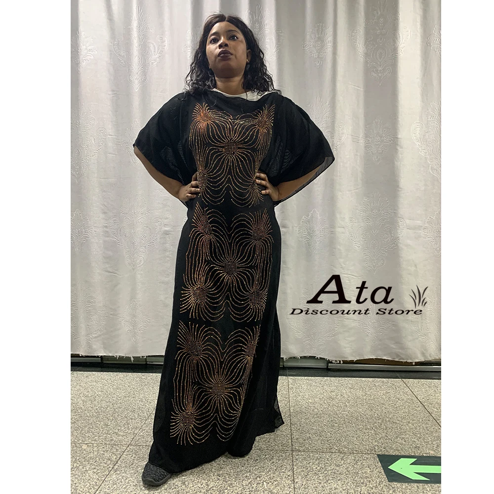 2021New African Dresses Kaftan Abaya Islamic Clothes Batwing Sleeves Fashion Diamond Boubou Cotton Turban Long Dress For Lady