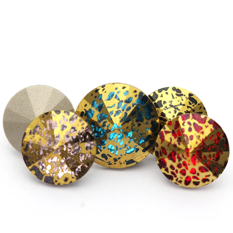 XIAOPU Rivoli Gold Patina Series Round Gleamy K9 Loose Rhinestones Piontback Strass Crystal Glue on Clothing Crafts Decoration