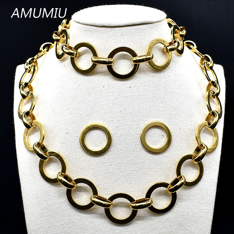 

AMUMIU Fashion Women Necklace Bracelet Earrings Sets Gold Color Stainless Steel Jewelry For Female KTZ030