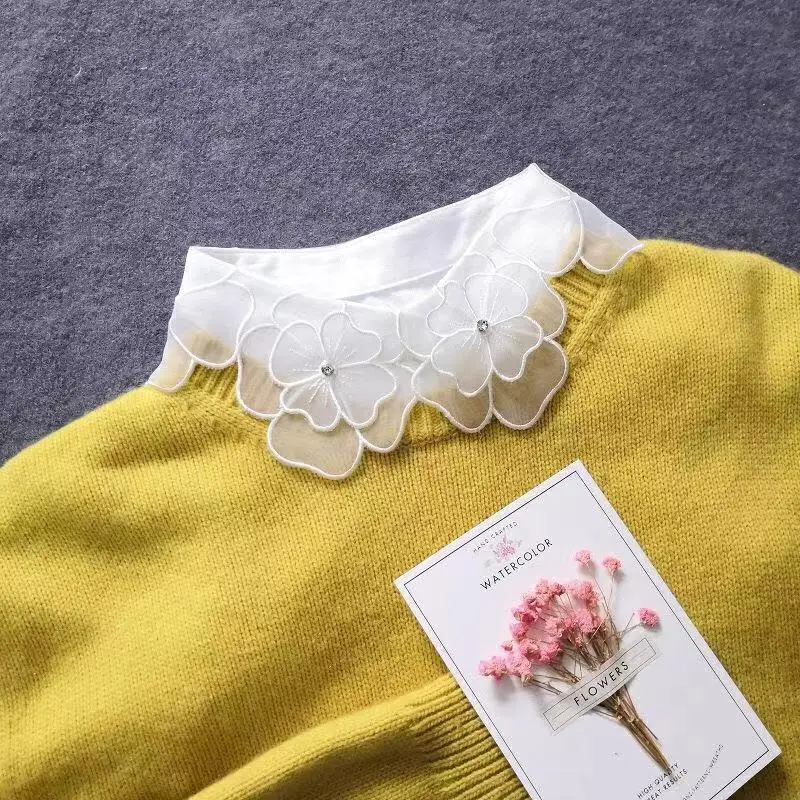 Simply Fashion Woman 2021 Korea Style Vintage Embroidery Lace White Shirt Detachable Collar Blouse Ladies False Collars Spring