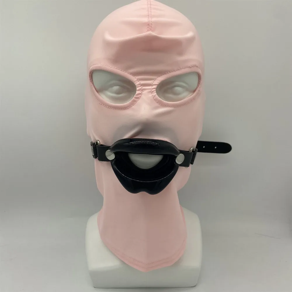 Slave Cosplay Fetish Obedient Open Mouth Gag Oral Sex Toys of Silicone Lips O Ring with Bdsm Bondage Hood Mask Erotic Accessory