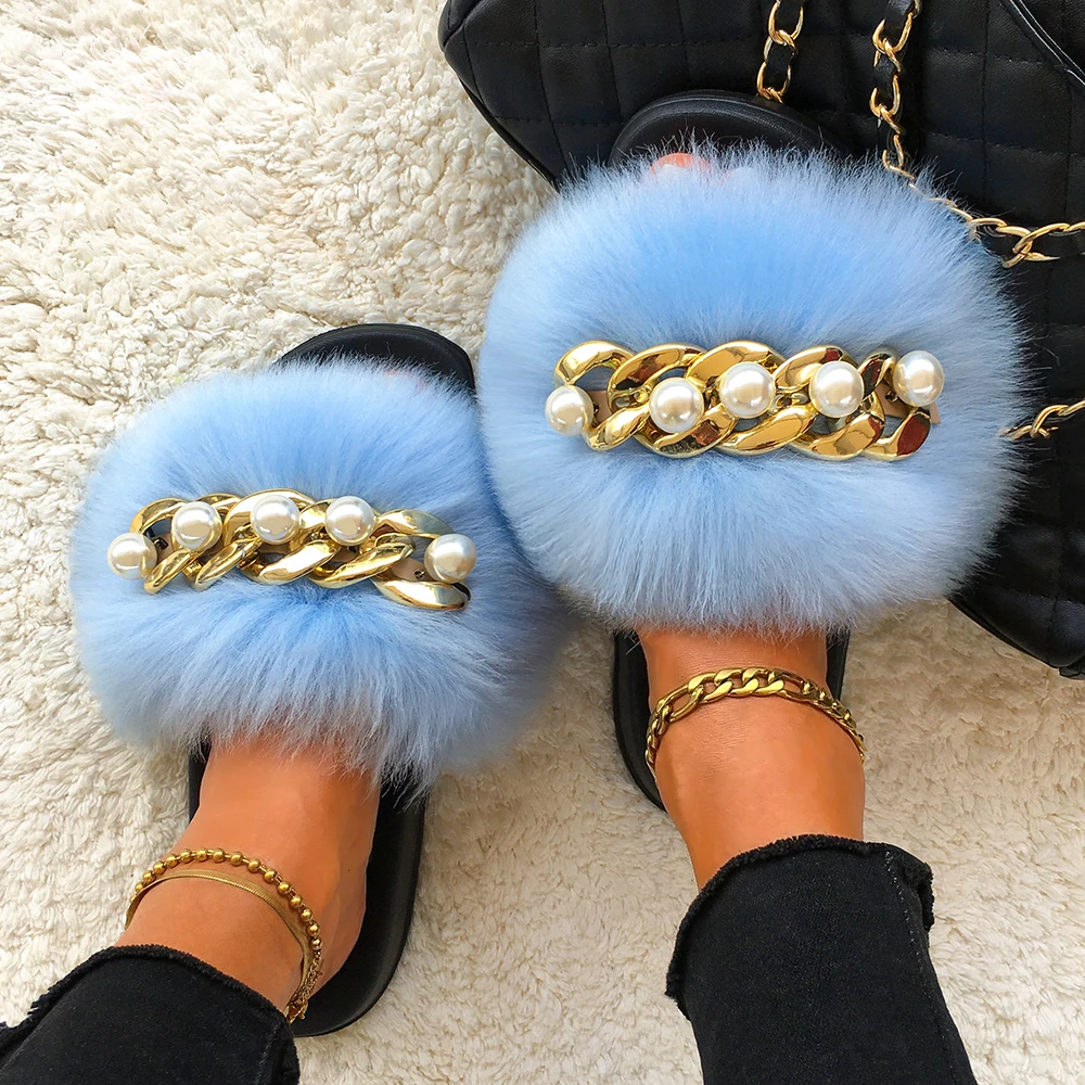 Fluffy Slippers Women Flip Flops Luxury Pearl Chain Faux Fur Slides Flat House Slippers Beach Summer Sandals Ladies Casual Shoes