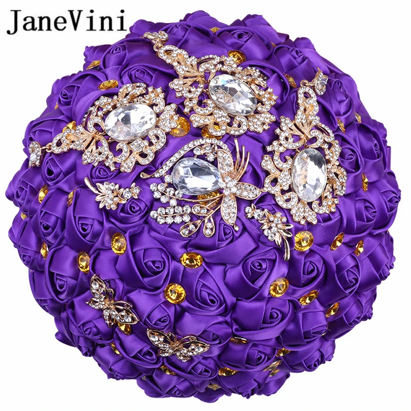 JaneVini 2021 Luxury Crystal Rhinestone Wedding Bouquets Bridal Flowers Fake Bouquet Artificial Satin Purple Roses Fleur Mariage