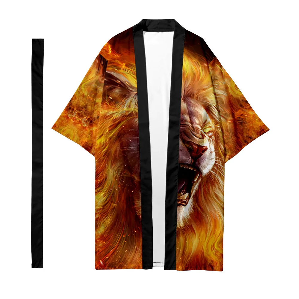 Oversize 6XL Lion พิมพ์สไตล์ญี่ปุ่น Kimono Cardigan กับเข็มขัดคู่ผู้หญิงผู้ชาย Casual เอเชียเสื้อผ้า Harajuku