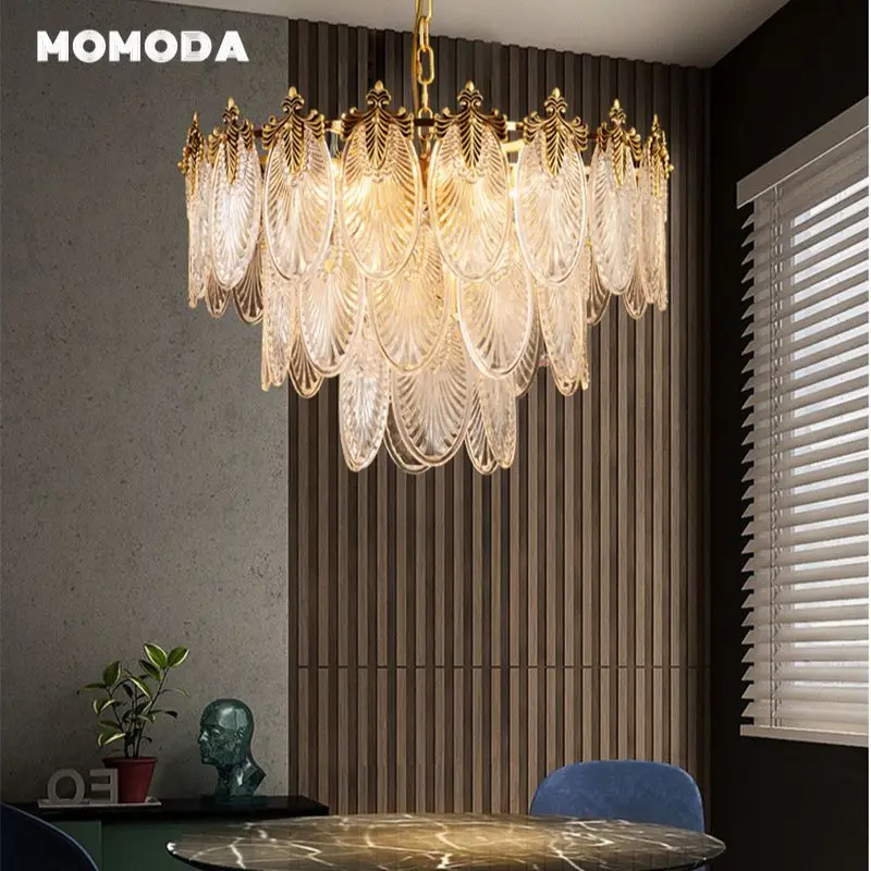 Modern LED Chandeliers Luxury Leaf Glass Metal Gold Round Tiers Lights Fixture Bedroom Living Room Dining Room Lamps Lustre