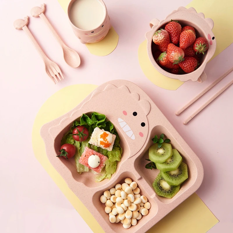 Baby Dinosaur Tableware 6PCS Kids Dinner Plate Natural Bamboo Fiber Bowl With Cup Spoon Plate Fork Drop-resistant Feeding Dishes image 4
