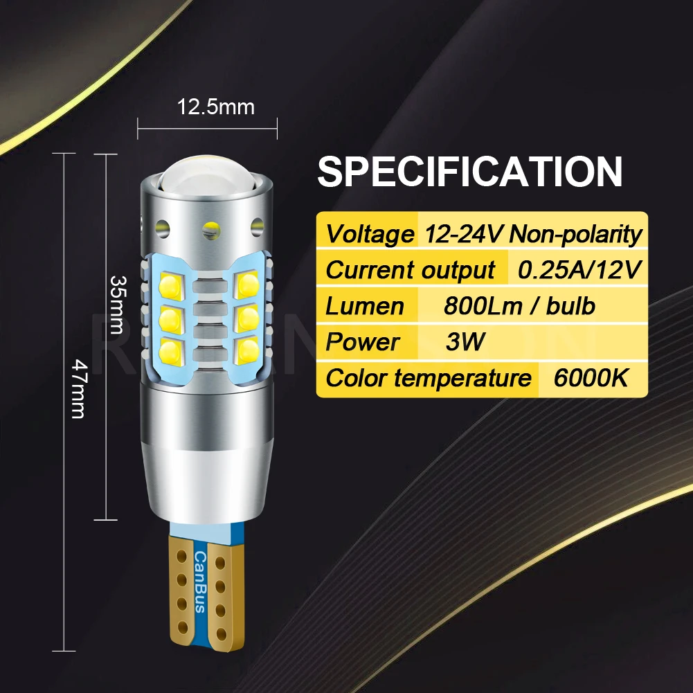 2Pcs/Lot 30W/50W/60W/80W AC12V 24V W5W T10 ERROR Free Interior White LED CANBUS 6/10/12/16-SMD XBD chips with Projector Lens