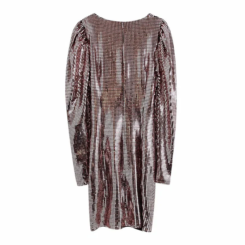 Evfer Autumn Sexy Lady Shinny Sequined High Waist Za Mini Dresses Women Fashion V-Neck Long Puff Sleeve Pleated Party Dress Chic