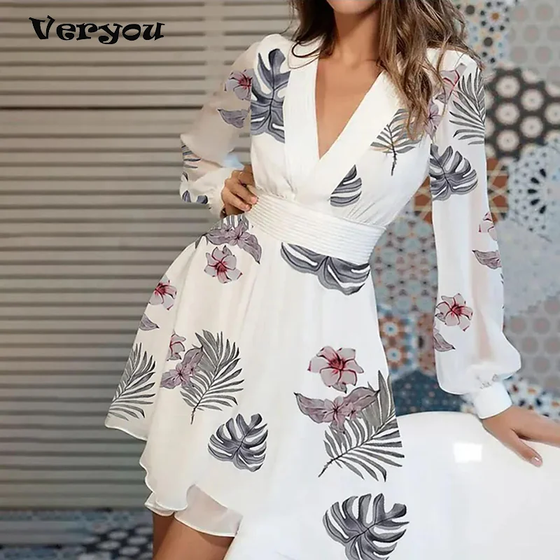 

Fashion Print Slim Waist A-Line Dress 2021 Sexy Deep V Neck Autumn Mini Dress Lady Elegant Long Sleeve Women Party Dress Vestido