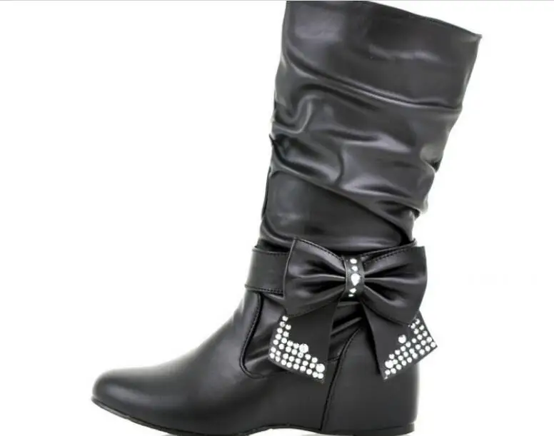 Sexy Fashion Women boots Spring Autumn Bowtie Charms Flats Boots Shoes Woman Mid-calf red black White Shoes Boots Large Size