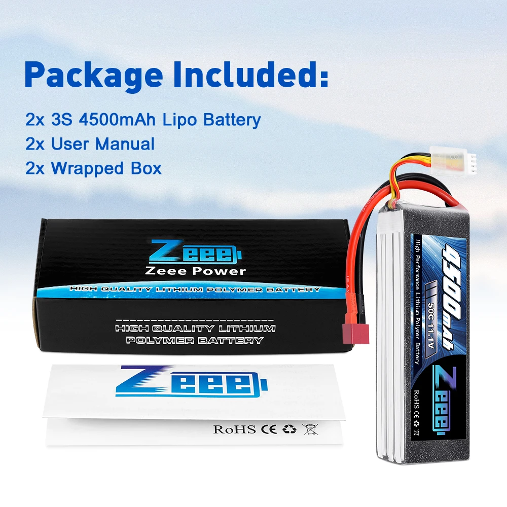 2units Zeee 11.1V 4500mAh 50C 3S Lipo Battery with T Plug for RC Car Heli Quad Drone Helicopter Boat RC Airplane Racing Hobby