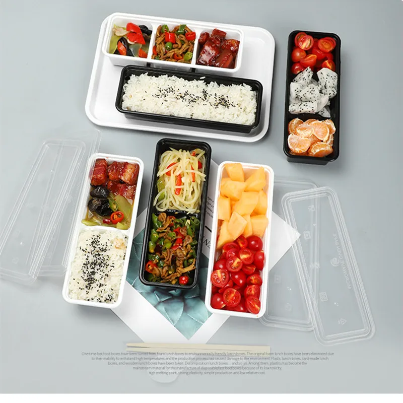 25pcs High quality thick plastic small lunch box outdoor picnic food packaging boxes 1 gird/2 grid/3 grid white/black snack box