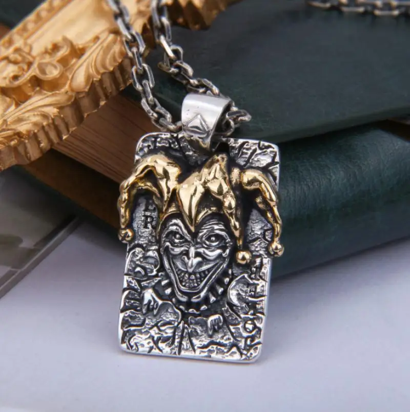 Vintage Poker King Evil Clown Square Pendant Necklace Men\'s Hip Hop Rock Party Jewelry Gift