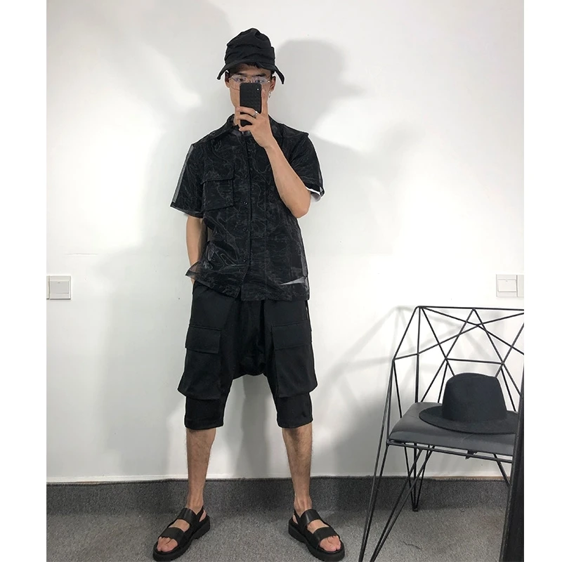 S-6XL! Original summer personality ohza transparent short-sleeved shirt large size hip-hop loose thin sun-protective clothing