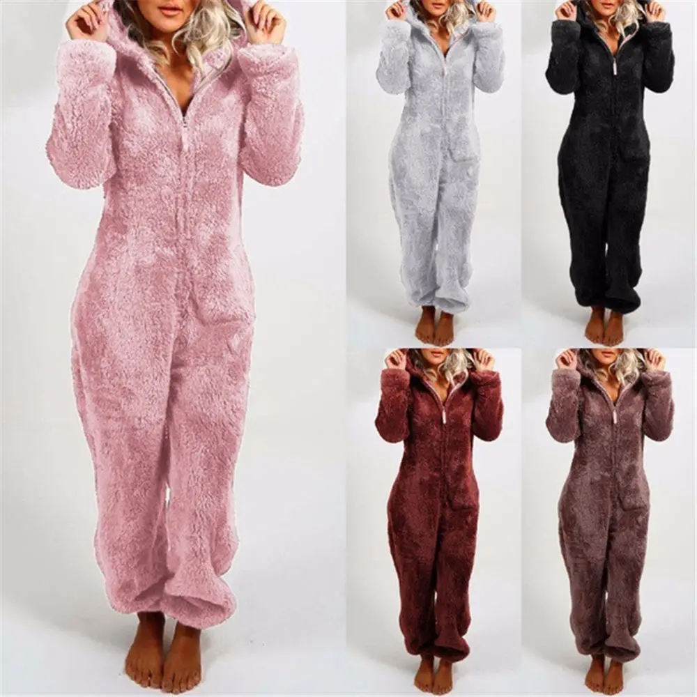 Women Winter Teddy Pajama Cute Bear Ears Sweater Fluffy Jumpsuit Plus Size 5XL Hooded Homewear Harajuku Fashion Plush Pajamas