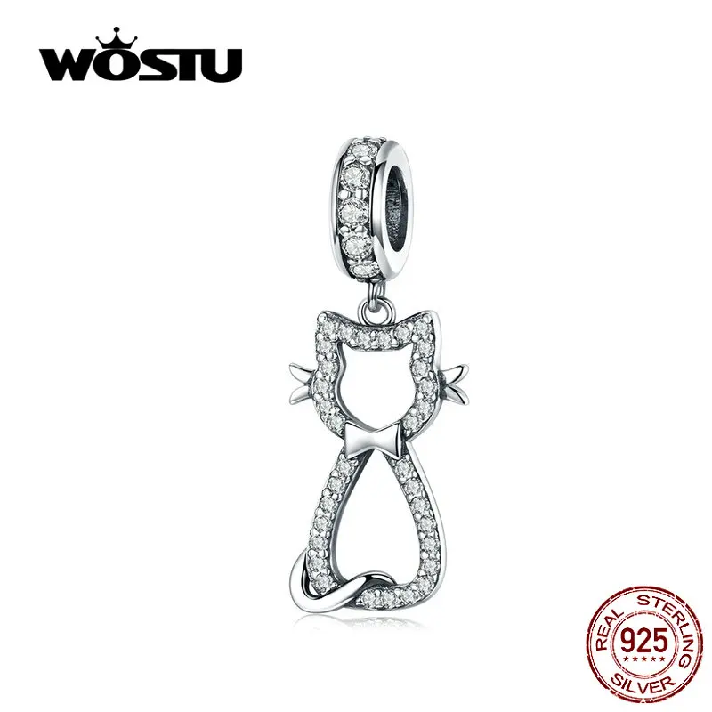 

WOSTU Sweet Cat Animal Dangle Charm 925 Sterling Silver Zircon Beads Fit Original DIY Bracelet Silver 925 Jewelry Making CQC1162