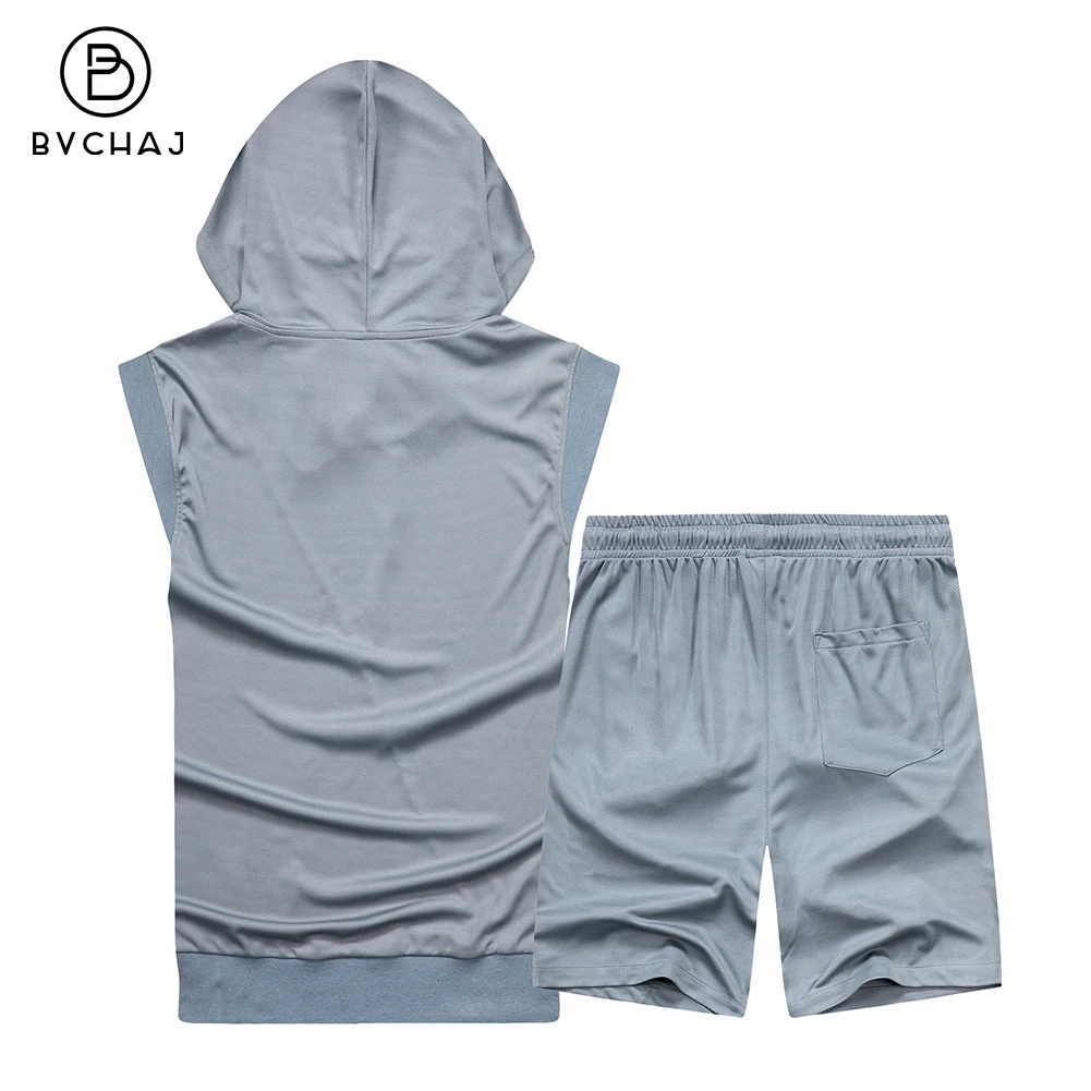 Summermen's hooded sportsuit 2ピースノースリーブベストジョギングプリントtシャツフィットネスショーツ速乾性スポーツウェアカジュアルメンズウェア