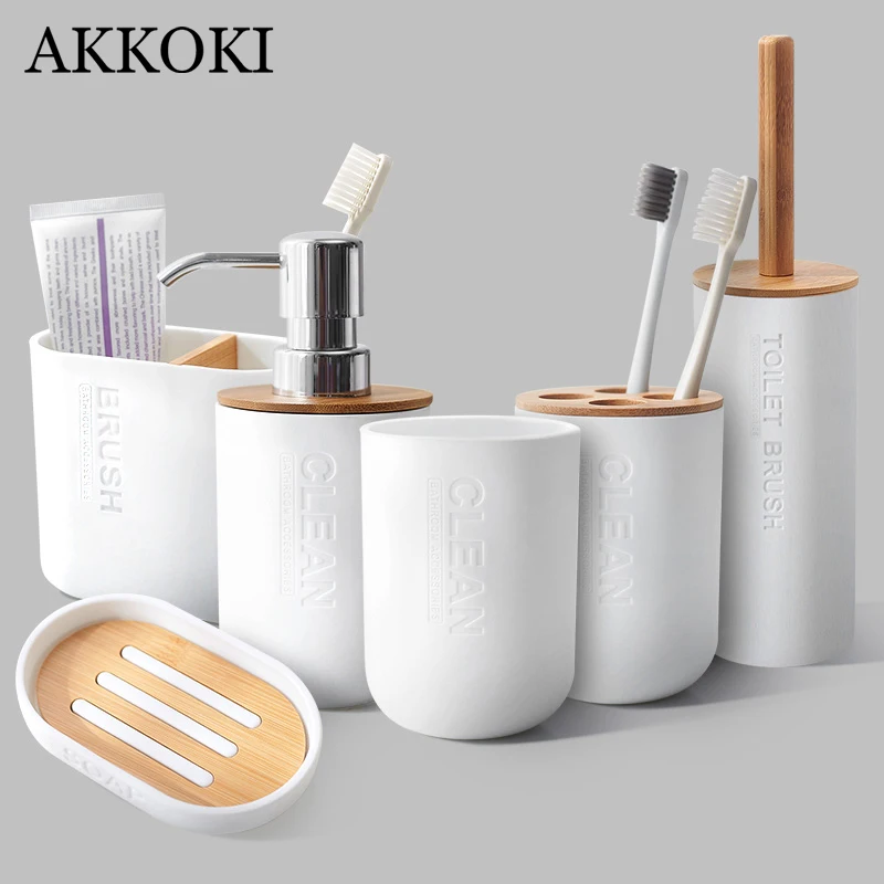 

Bamboo Bathroom Accessories Sets Toilet Brush Toothbrush Holder Mouthwash Cup Soap Holder Shampoo Dispenser White Home Container