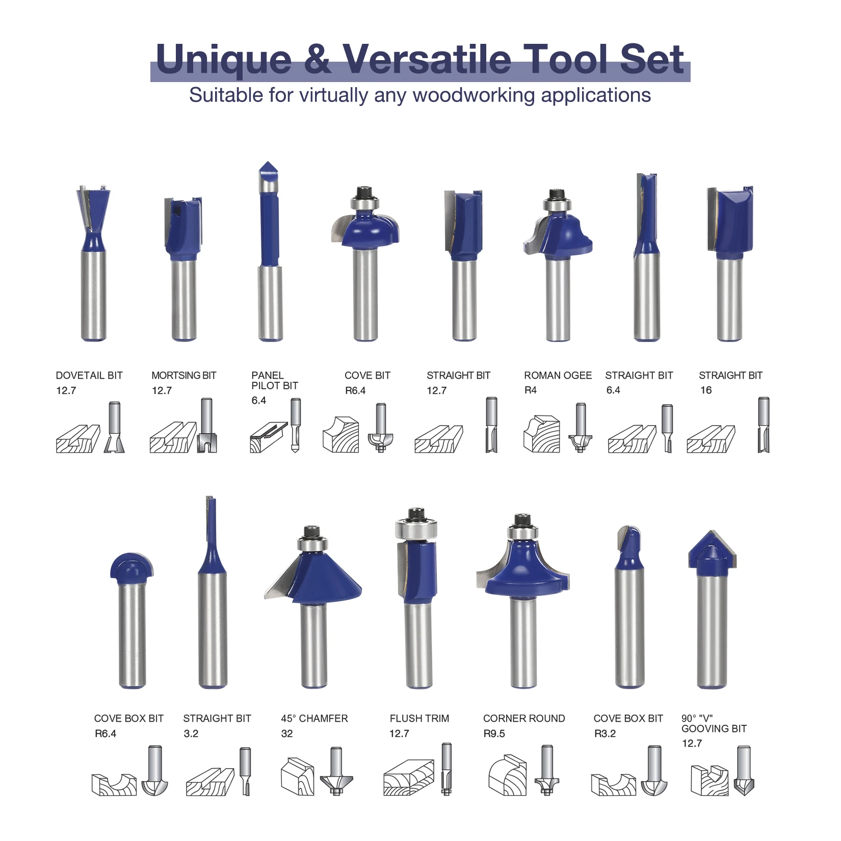 WORKPRO 15 Bộ Router Bit Bộ 8Mm Cắt Tỉa Thẳng Xay Cắt Cho Chế Biến Gỗ