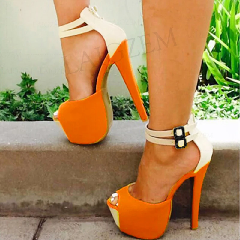 

BERZIMER Women Platform Sandals Ankle Strap Back Zip High Heels Sandals Ladies Summer Pumps Shoes Woman Big Size 43 44 46 50 52
