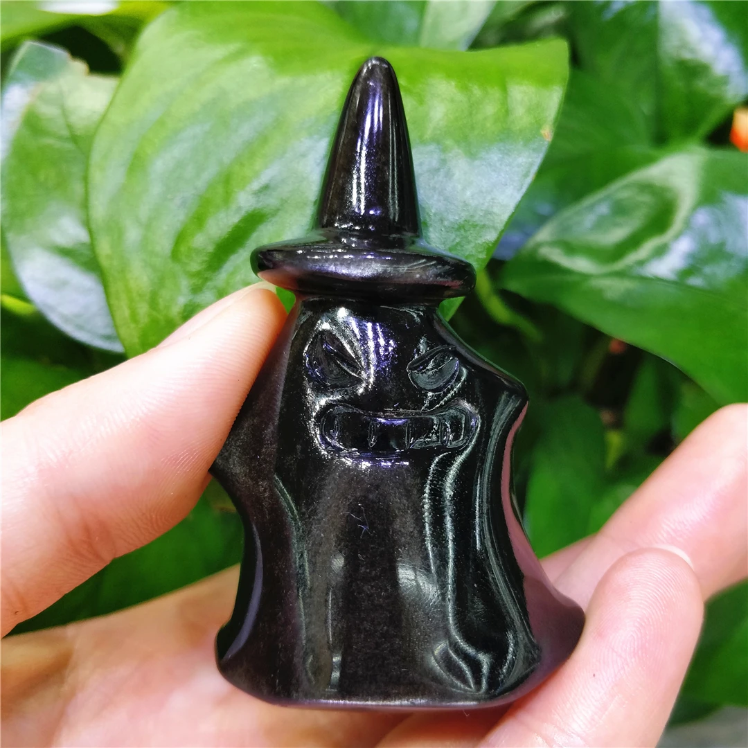 Natural Fluorite Sliver Obsidian Hat Ghost Carving Craft Gift Decorations For Halloween Cute Ornaments Quartz Crystals Available