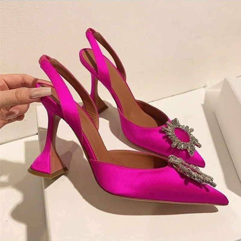 rose pink rhinestones sun flower high heel slingback woman shoes pointed toe INS hot woman high heel crystal sun flower shoes