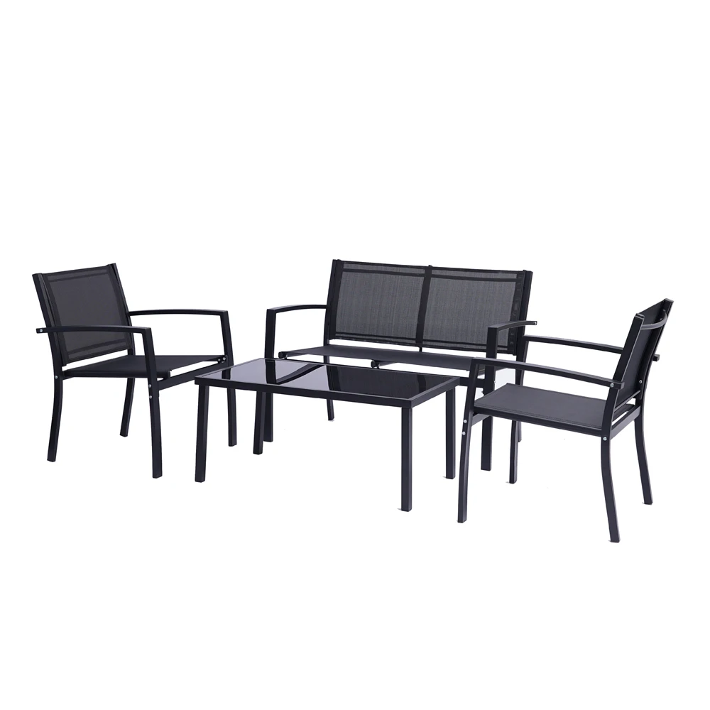 4 Pieces Patio Furniture Set Outdoor Garden Patio Conversation Sets Poolside Lawn Chairs with Glass Coffee Table Porch Furniture