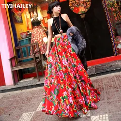 TIYIHAILEY-Women's Elastic Waist A-Line Cotton Red Skirts, Flower Print, Long Maxi, Fashion, Customer Made,2026