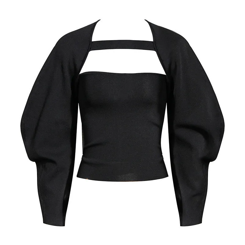 

Fround neck lantern sleeves autumn and winter straps model fabric fashion women high street Top set female two pieces C217