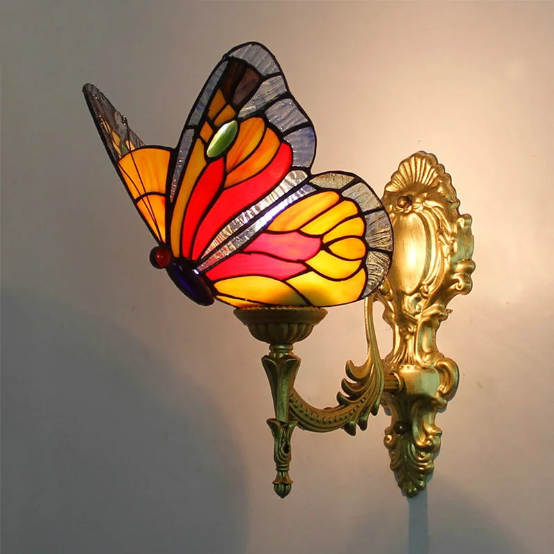 

Tiffany European Baroque Vintage Wall Lamp Bedroom Aisle Corridor Stained Glass Lampshade Butterfly Light