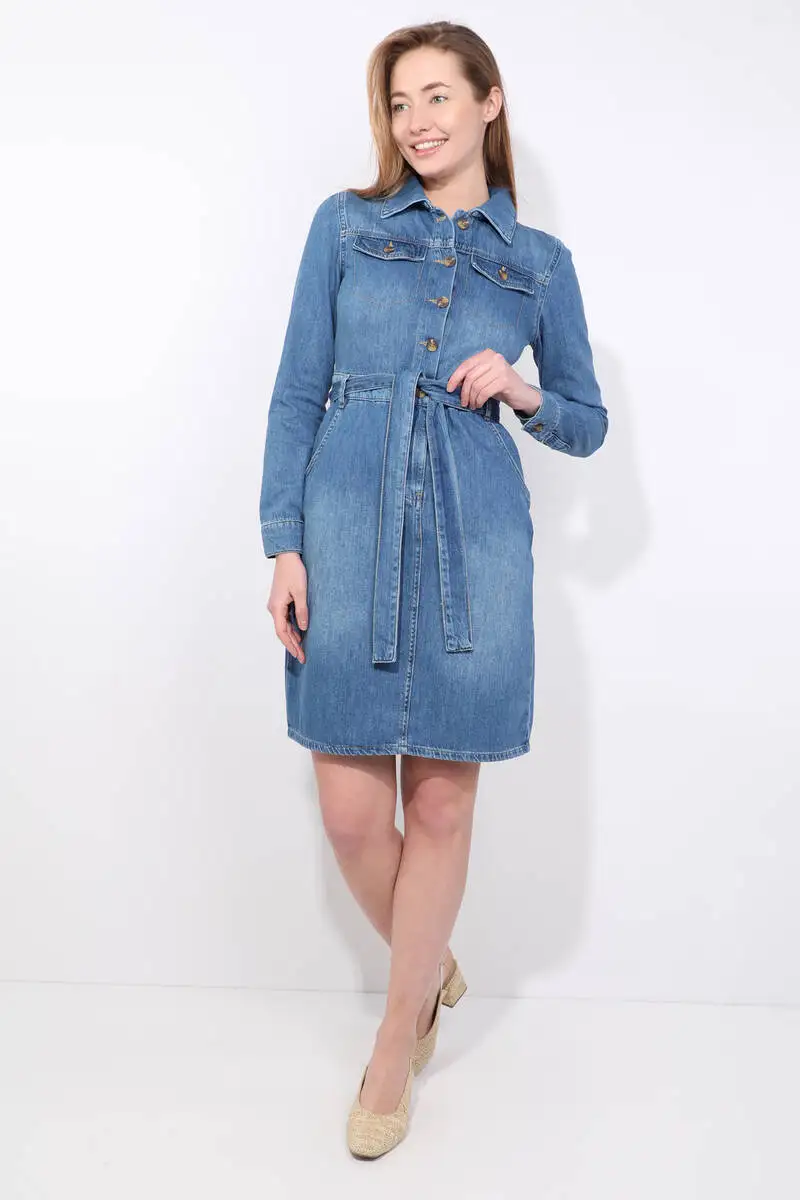 Women's Blue Arched Long Sleeve Jean Dress