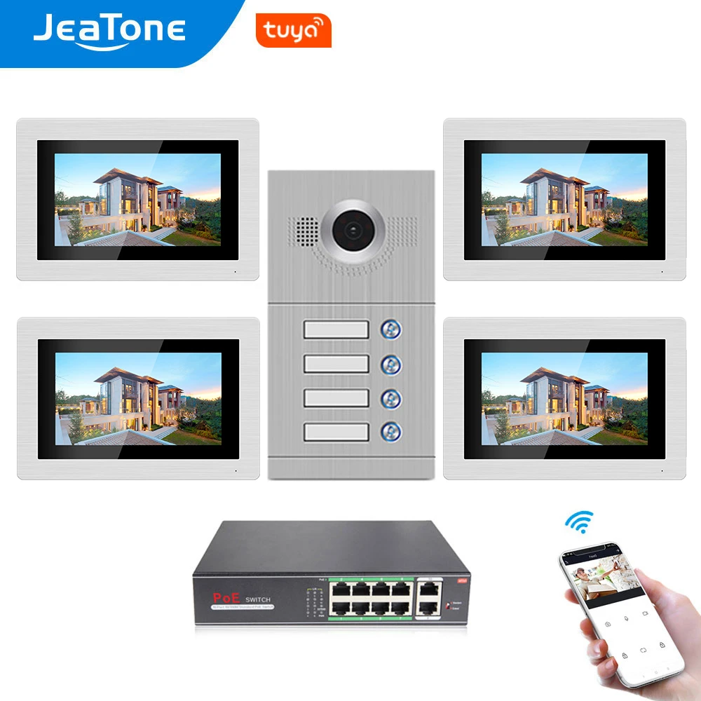 

Jeatone 7'' Touch Screen WiFi IP Video Door Phone Intercom System for 4 Floors Apartment with POE Switch and Tuya Remote Unlock