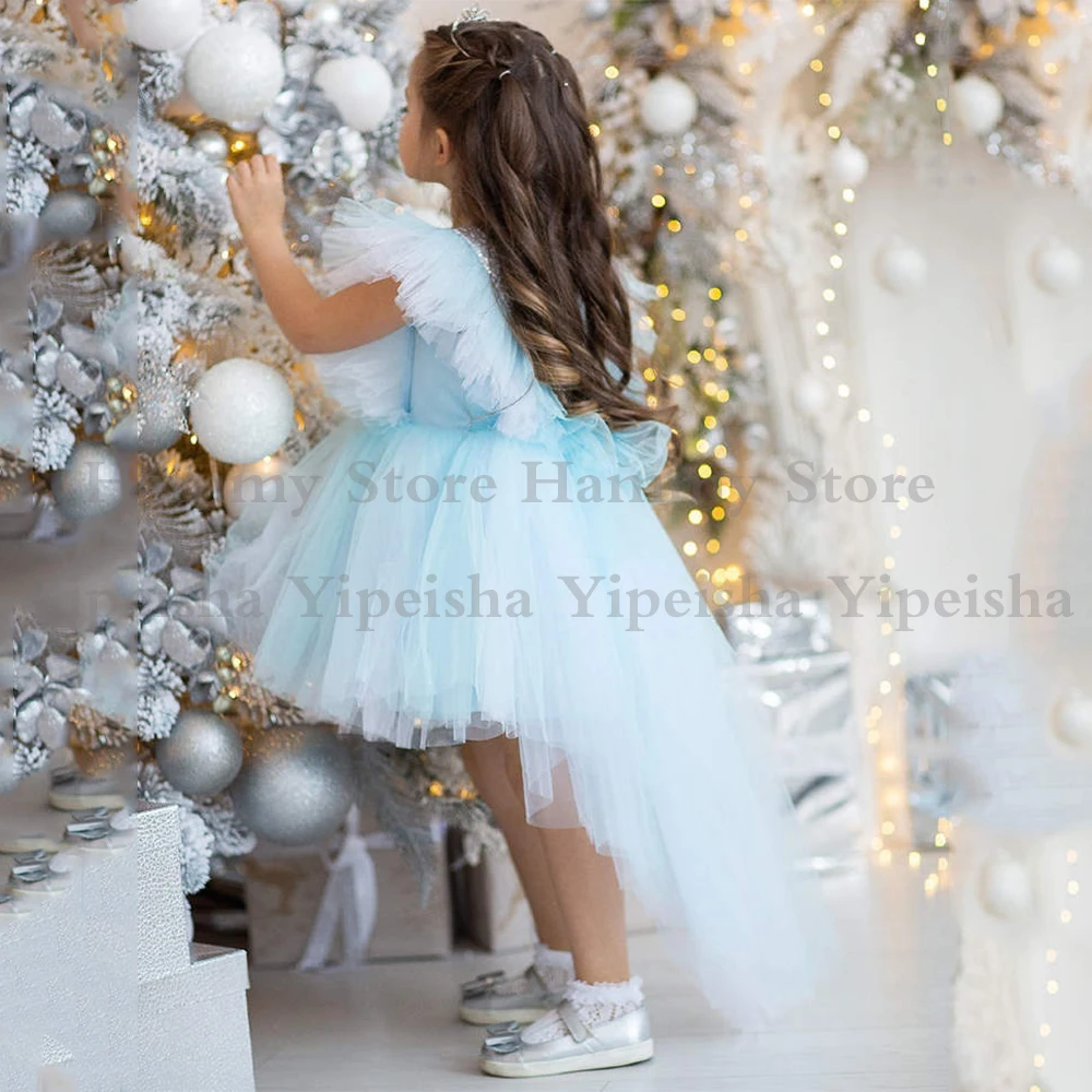 Hellblaues Baby Mädchen Party kleid für Geburtstag Pailletten Tüll Hi-Lo eine Linie Weihnachts kleid niedlichen Tutu Blumen kleider