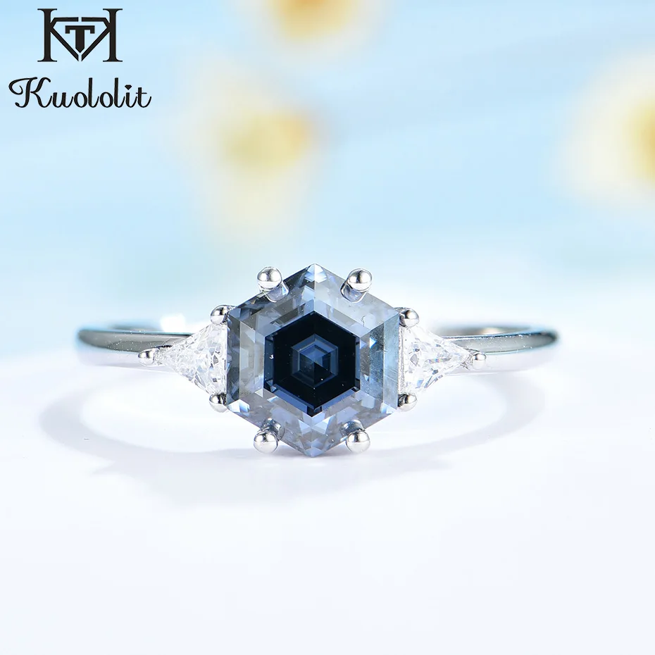 Kuololit 7mm Hexagon Natural Grey Blue Moissanite Rings for Women Solid 10K White Gold Solitaire Engagement Wedding Promise Ring