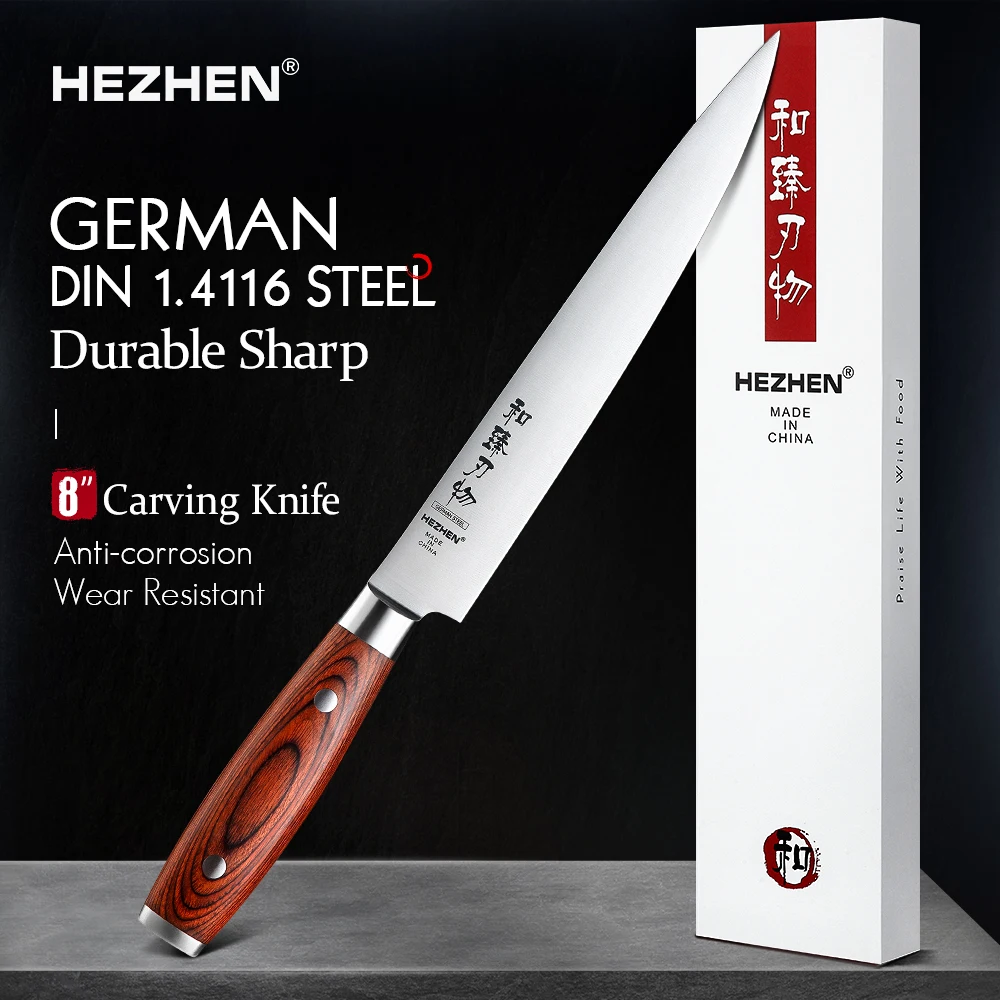 HEZHEN 8 Inches Carving Knife Professional Cleaver Slicing  Pakka Wood Handle  & Stainless Steel Rivet Cook Knives