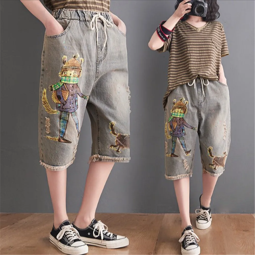 

Broken Hole Does Old Retro Art Big Size Summer Cartoon Print Cowboy Wide Leg Trousers All-Match Show Thin Five Minute Trousers