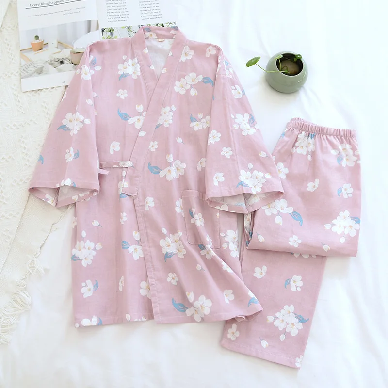 Japanese kimono pajamas suit ladies spring and summer thin cotton gauze cherry blossom three-quarter sleeve loose home service