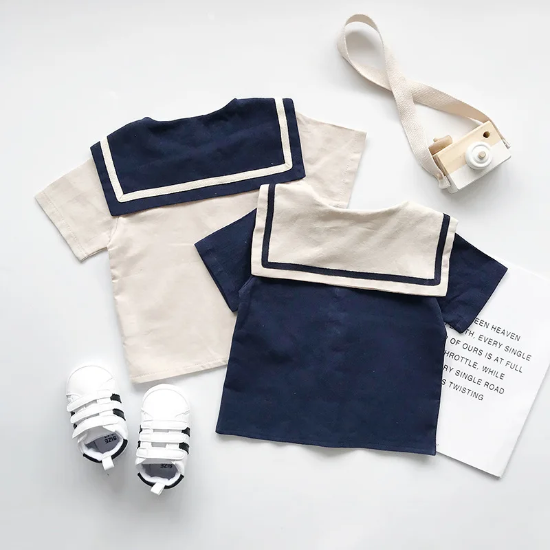 Humor Bear  Kids Clothes Sets Summer Japanese  Korean Style Kids Sailor Collar Cotton Linen T-shirt+Pants 2Pcs Cute Toddler Clot