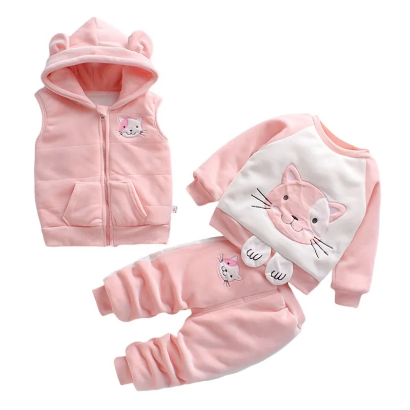 3pcs/set Winter Toddler Fleece Jogging Set Cartoon Kitten Fleece Hooded Waistcoat Sweatshirt Pants Children Outfits 1-4T