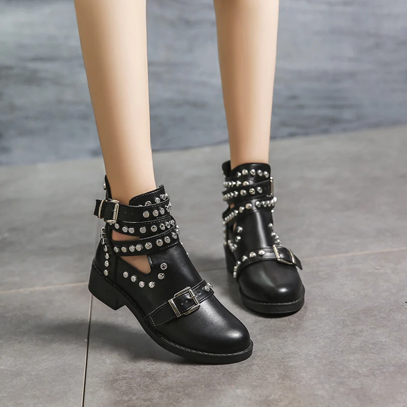 New Women Rivet Boots PU Leather Boots Buckle Strap Woman Shoes Casual Buckle Boots Shoes Woman Black Ankle Boots Botas Mujer