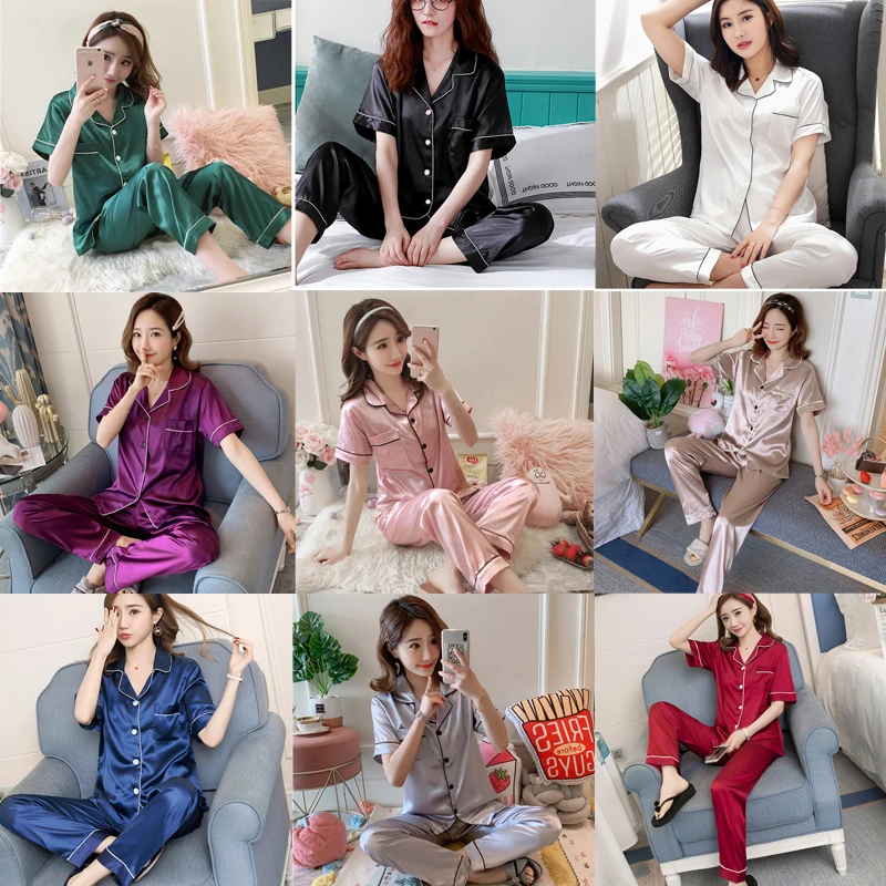 Pyjama Set Vrouwen Zijden Korte Mouwen Lange Broek Pijama Sexy Turn-Down Kraag Nachtjapon Plus Size Vrouwelijke Nachtkleding